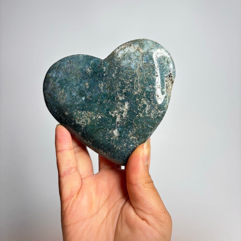 Large Polished Moss Agate Heart Crystal Carving